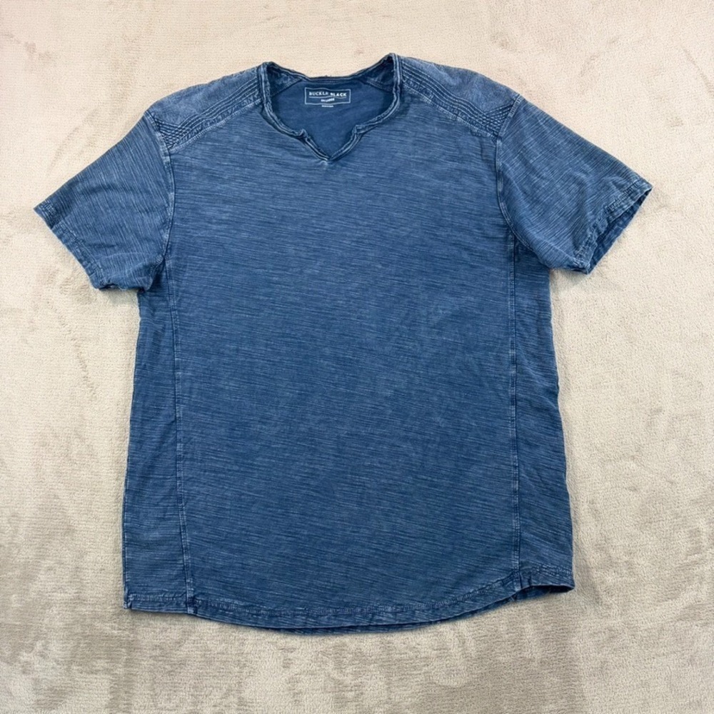 Buckle Black Slub Knit Split V Neck T-Shirt in Blue Men 2XL Short Sleeve Grunge